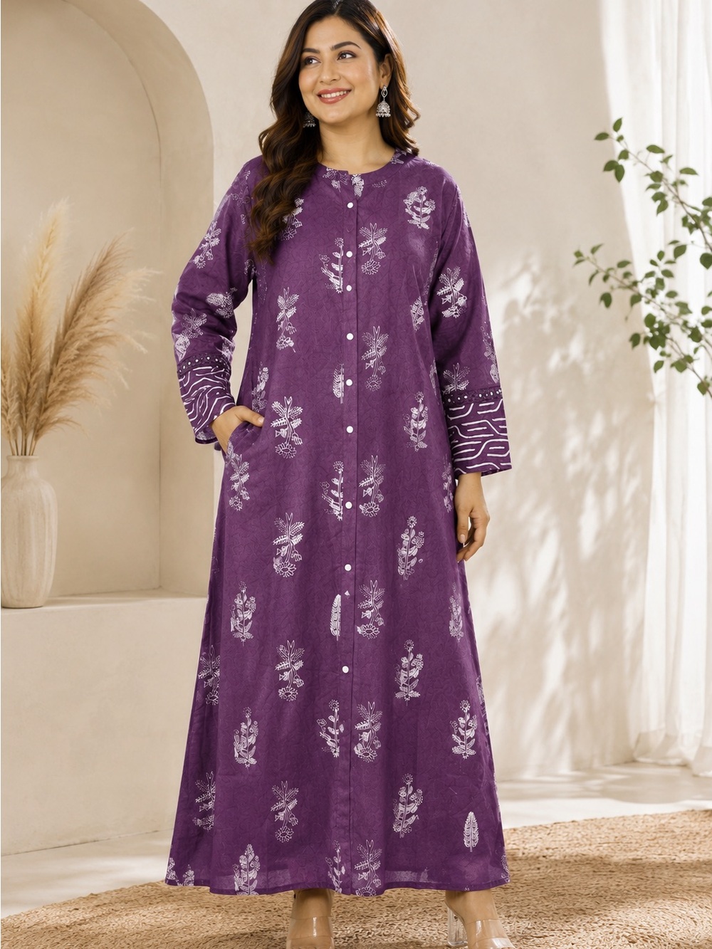 Purple Floral Long Sleeve Button-Front Maxi Dress